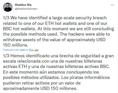 BitMart hackeado billeteras de EHT y BSC afectadas tweet