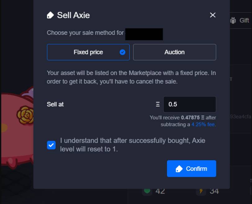 vender Axie utilizando un método de precio fijo es establecer un precio fijo